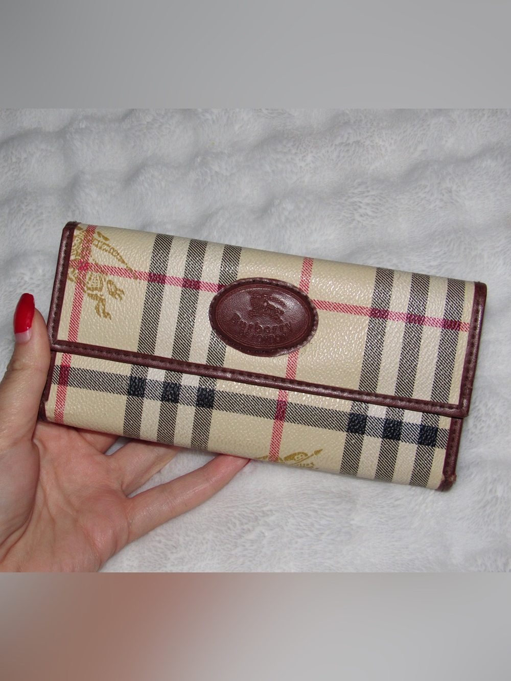 Burberry Beige Check Wallet with Brown Trim and Red Accents